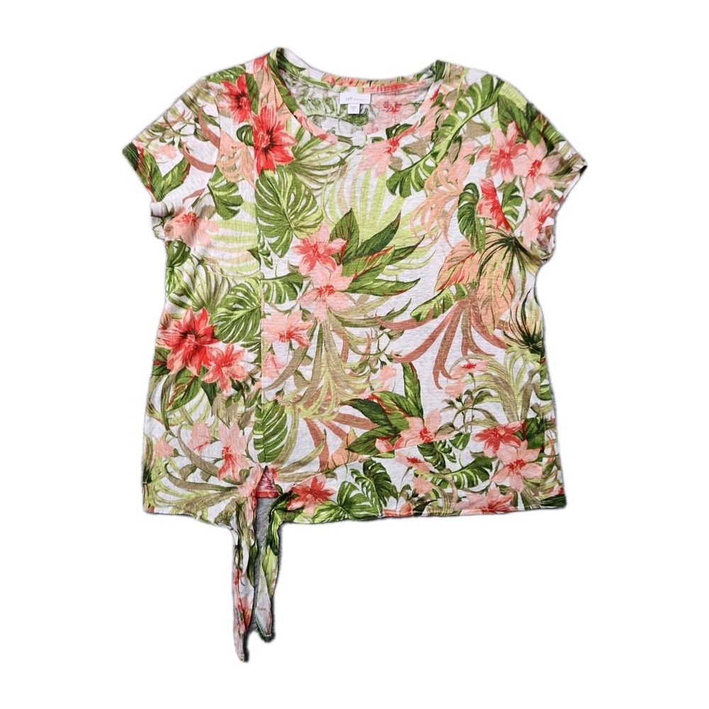 J. Jill Love Linen Top M Tropical Floral Tie Hem 100% Linen Hibiscus Coastal